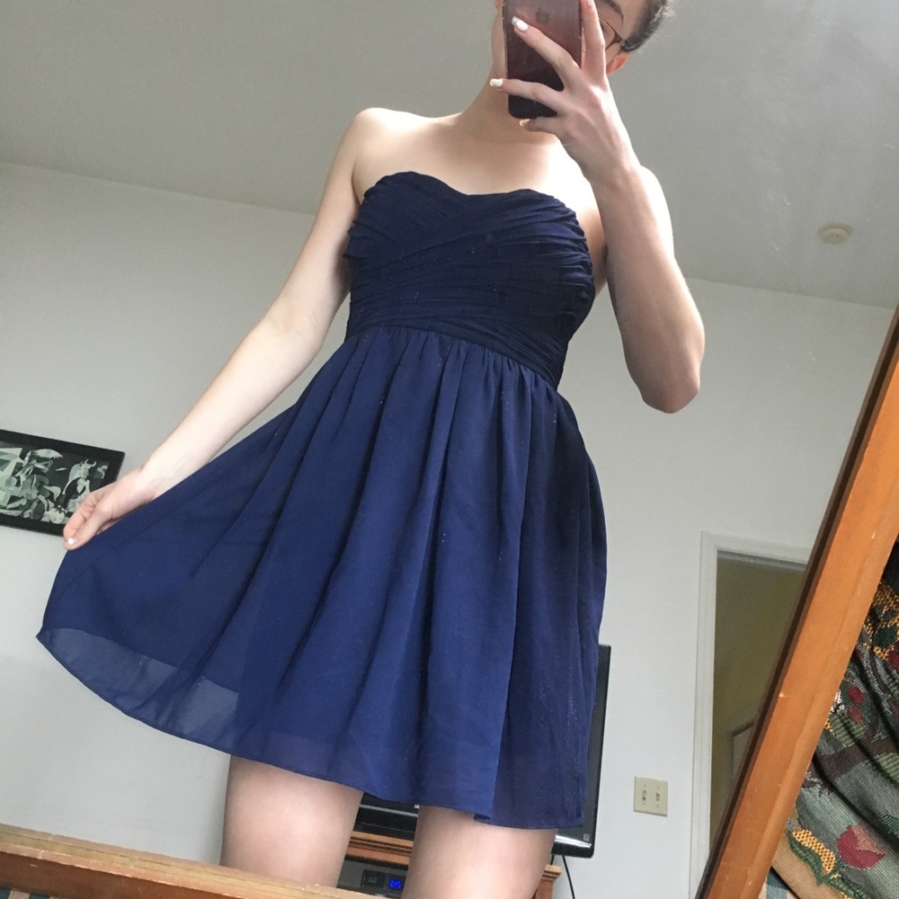 Strapless Navy Blue Semi Formal Dress